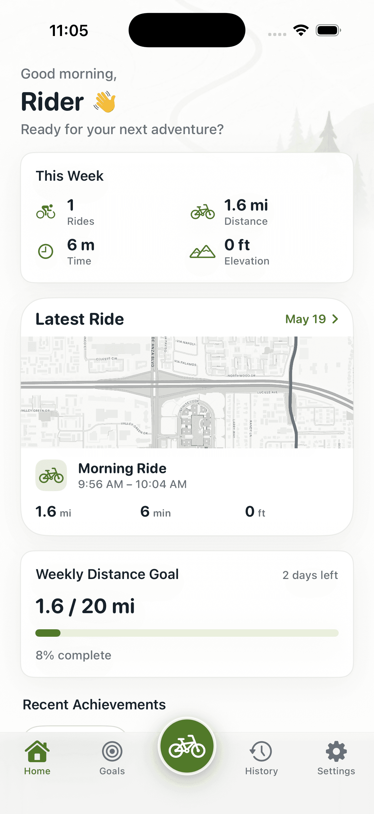 Rideleaf app home screen showing weekly stats, latest ride, weekly distance goal, and bottom navigation